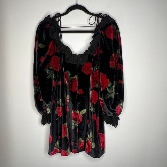 For Love & Lemons Black Velvet Red Floral Yara Mini Dress Size Small - Picture 5 of 8